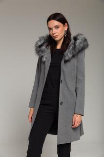 Однотонное пальто из овчины с капюшоном и застежкой на пуговицы, серый 3758 Olcay