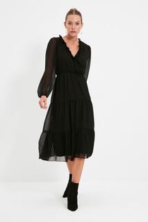 Черное тканое платье миди с V-образным вырезом на подкладке Trendyol, черный
