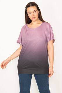 Женская сиреневая блузка большого размера с батиковым узором и низкими рукавами и полосками 65n22754 Şans, разноцветный