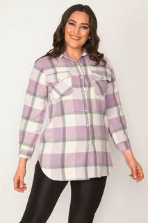 Женская сиреневая рубашка в клетку больших размеров 65n34687 Şans, фиолетовый