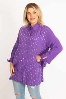 Женская сиреневая рубашка из вискозной ткани с рукавами на пуговицах спереди, шнуровкой и лаковым принтом, 65n34516 Şans, фиолетовый