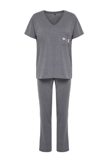 Серо-черный вязаный пижамный комплект из 100% хлопка с карманами и широкими брюками с принтом Trendyol, серый
