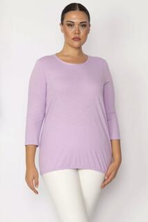 Женская сиреневая блузка с круглым вырезом большого размера в тонкую полоску с рукавами капри 65n29273 Şans, фиолетовый