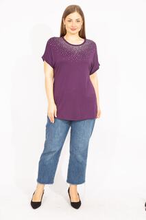 Женская сливовая блузка большого размера с глубокими рукавами и камнями 65n35636 Şans, фиолетовый