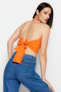 Оранжевая укороченная льняная блузка с тканой завязкой на спине Trendyol, оранжевый