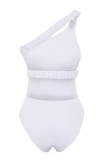 Белый купальник на одно плечо со сборками и текстурированными высокими штанинами Trendyol