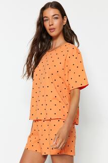 Оранжево-разноцветный трикотажный пижамный комплект из 100% хлопка с рисунком в виде сердечек THMSS21PT1485 Trendyol, желтый