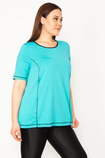 Женская спортивная блузка больших размеров с бирюзовым воротником и окантовкой Şans, бирюзовый
