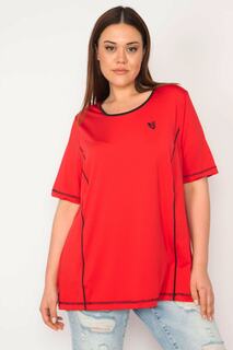 Женская спортивная блузка больших размеров с красным воротником и окантовкой Şans, красный