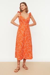 Оранжевое тканое платье с двубортным воротником на бретельках TWOSS21EL1297 Trendyol, оранжевый
