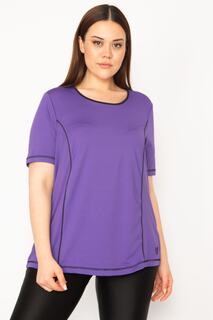 Женская спортивная блузка больших размеров с фиолетовым воротником и окантовкой Şans, фиолетовый