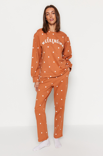 Оранжевый вязаный пижамный комплект из хлопка в горошек и брюк Trendyol
