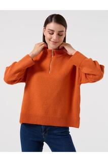 Оранжевый трикотажный свитер прямого кроя с высоким воротником и длинными рукавами Jimmy Key