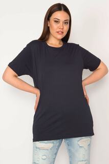 Женская темно-синяя блузка большого размера с круглым вырезом больших размеров Şans, темно-синий