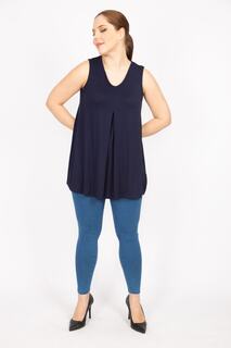 Женская темно-синяя плиссированная блузка больших размеров спереди Şans, темно-синий