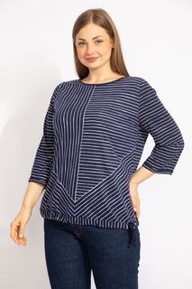 Женская темно-синяя комбинированная блузка в полоску из хлопчатобумажной ткани больших размеров 65n35571 Şans, темно-синий