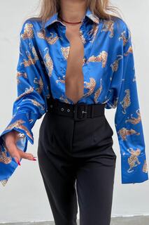 Синяя атласная рубашка с леопардовым принтом Mad Girls Mg187 Madmext, синий