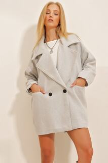 Пальто - Серый - Двубортный Trend Alaçatı Stili, серый