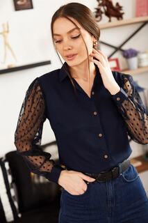 Женская темно-синяя рубашка из тюля с рукавами armonika, темно-синий