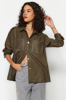 Замшевая тканая рубашка оверсайз/широкого кроя цвета хаки с двумя карманами Trendyol