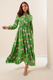 Застегнутый спереди, завязанный на талии, длинное вискозное платье-хиджаб с розовым узором, широкий размерный ряд, темно-зеленый By Saygı