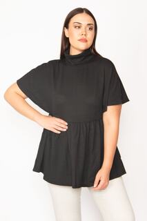 Женская трикотажная блузка большого размера с высоким воротником и талией со сборками и низкими рукавами 65n29661 Şans, черный