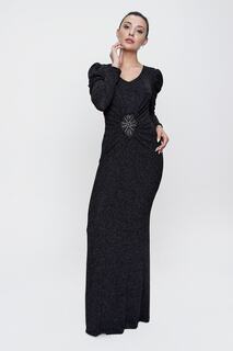 Блестящее длинное платье с длинным рукавом и клетчатой подкладкой на талии, черное By Saygı, черный