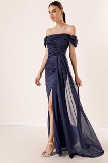 Блестящее длинное платье со сборкой спереди, с низким рукавом, на подкладке, темно-синее By Saygı, темно-синий