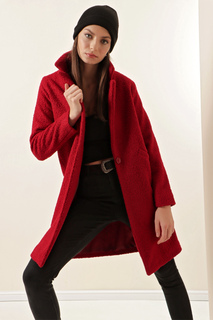 Пальто Oversize Kaşe - Бордовый Красный Bigdart