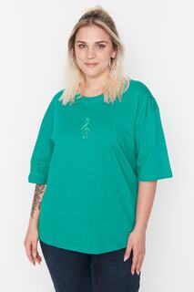 Зеленая трикотажная футболка с широким узором и вышивкой Trendyol, зеленый