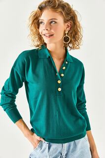 Женская трикотажная блузка изумрудно-зеленого цвета с золотыми пуговицами и воротником-поло Olalook, зеленый