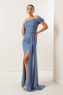 Блестящее длинное платье цвета индиго, на подкладке, со сборкой спереди, с низкими рукавами By Saygı, синий