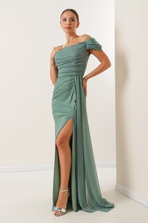 Блестящее длинное платье со сборкой спереди, с низким рукавом, на подкладке, мятного цвета By Saygı, зеленый