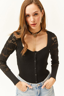 Женская трикотажная блузка на пуговицах с ажурным квадратным воротником и черными рукавами Olalook, черный