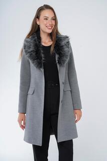 Пальто со съемным меховым чехлом и карманом Серый 3859 Olcay