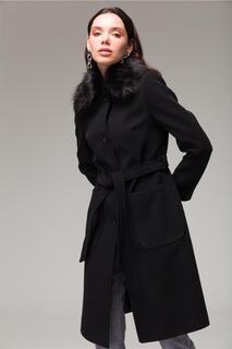 Пальто с рубашечным воротником и съемной меховой сумкой-карманом Черный 3761 Concept.