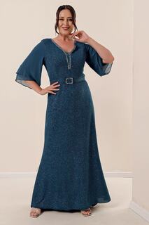 Спереди и сзади V-образным вырезом с шифоновыми рукавами и пряжкой на подкладке, серебристое длинное платье больших размеров By Saygı, синий