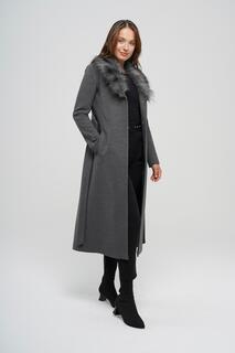 Пальто средней длины с меховым воротником на талии Темно-серый 3397 Concept.