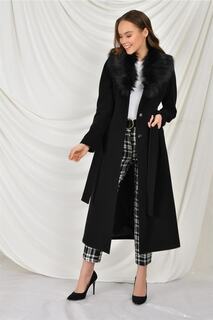 Пальто средней длины с меховым воротником на талии, черный 3397 Concept.