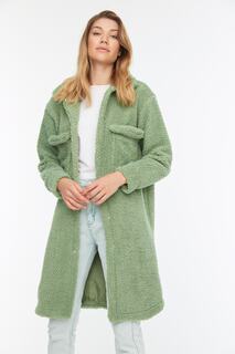 Зеленое плюшевое пальто с карманами и застежкой-кнопкой Trendyol Modest, зеленый