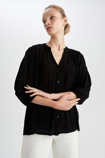 Блуза с V-образным вырезом и складками, с короткими рукавами DeFacto, черный