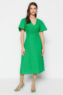 Зеленое тканое платье миди А-образного выреза со сборками Trendyol, зеленый