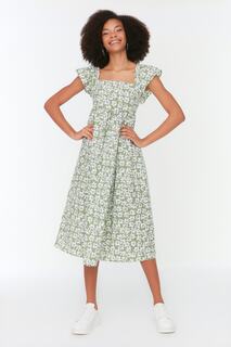 Зеленое тканое платье миди с квадратным вырезом и воланами TWOSS22EL2577 Trendyol, зеленый