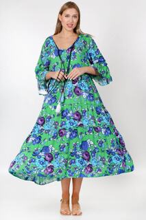 Зеленое тканое платье широкого кроя с круглым вырезом и рукавами с рюшами и цветочным принтом по всей длине Chiccy, зеленый