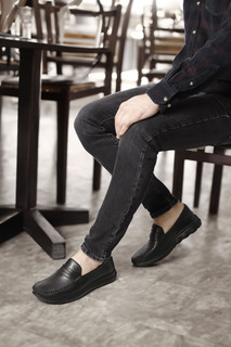 Черные повседневные мужские туфли из натуральной кожи с круглым носком на каблуке 42315 GÖNDERİ(R), черный
