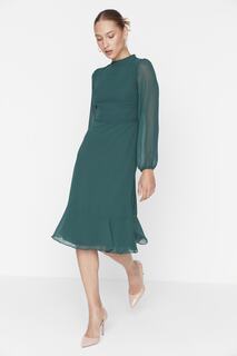 Зеленое шифоновое платье миди с высоким воротником на подкладке Trendyol, зеленый