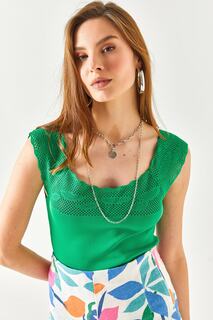 Женская трикотажная блузка травяного цвета с ажурным воротником Olalook, зеленый