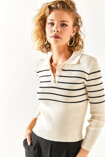 Женская трикотажная блузка цвета экрю, черная полоска на пуговицах с детальной отделкой Olalook