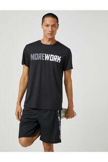 Спортивная футболка с надписью из дышащей ткани с круглым вырезом и принтом Koton, черный
