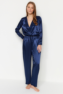 Пижамный комплект - Темно-синий - Однотонный Trendyol, темно-синий